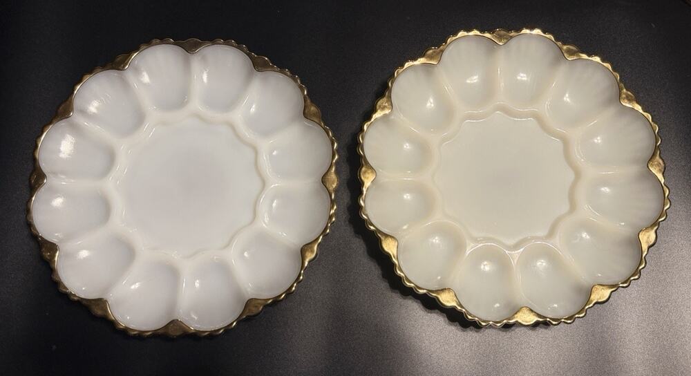 2 Anchor Hocking Fire King Milk Glass Deviled Egg Plates 22K Gold Trim Platters